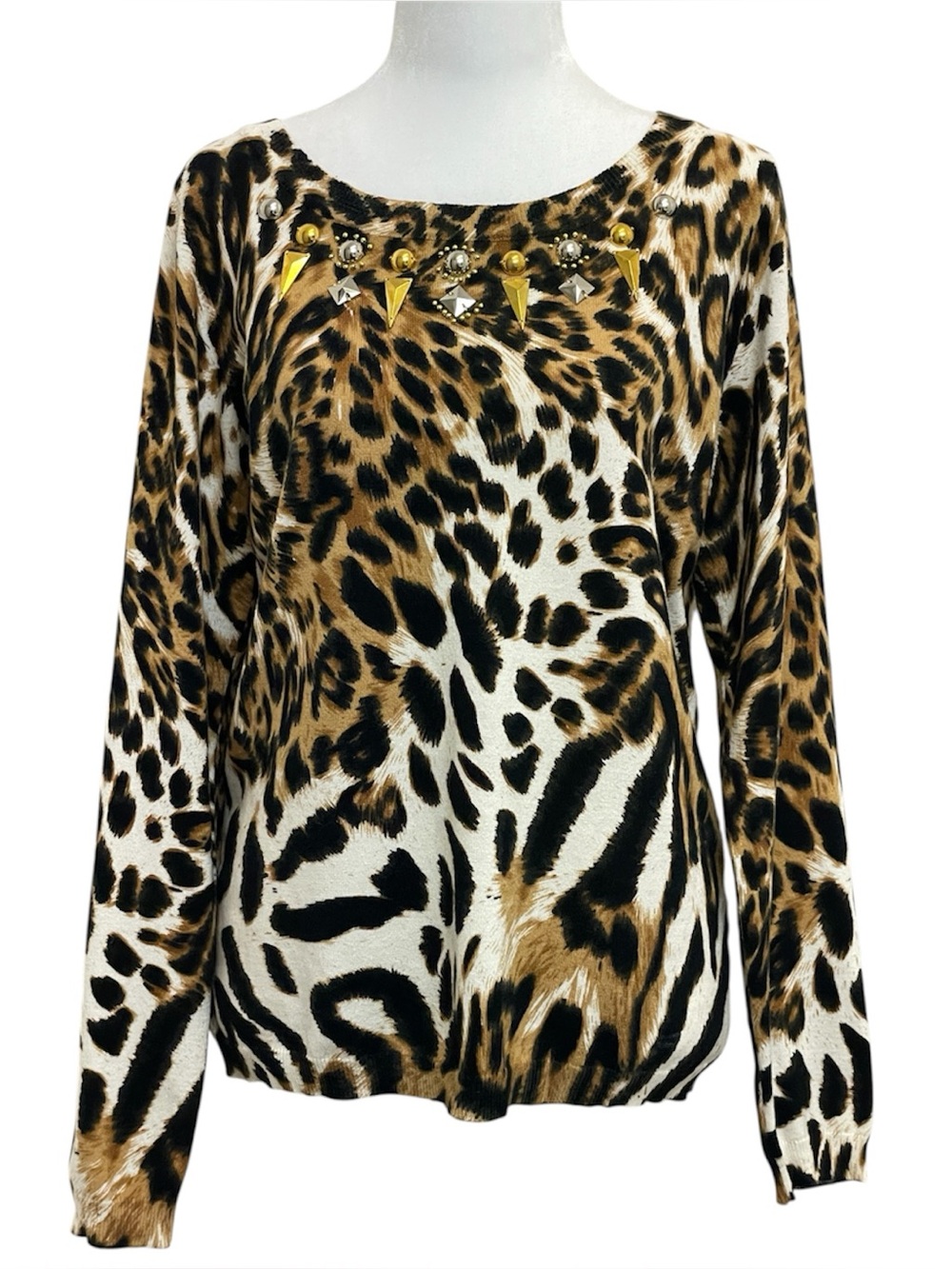 Boston Proper Brown Leopard Print Jeweled Neck Knit Sweater Top
